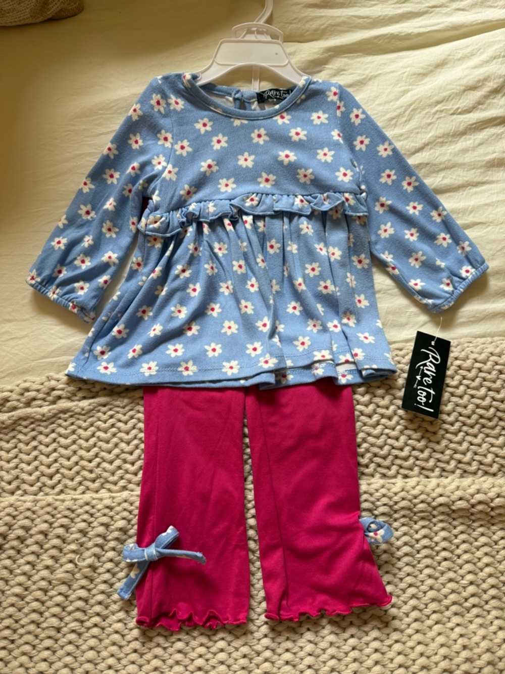 Rare Too Blue Daisy Tunic with Hot Pink Ruffle Leggings matching set 18m NWT